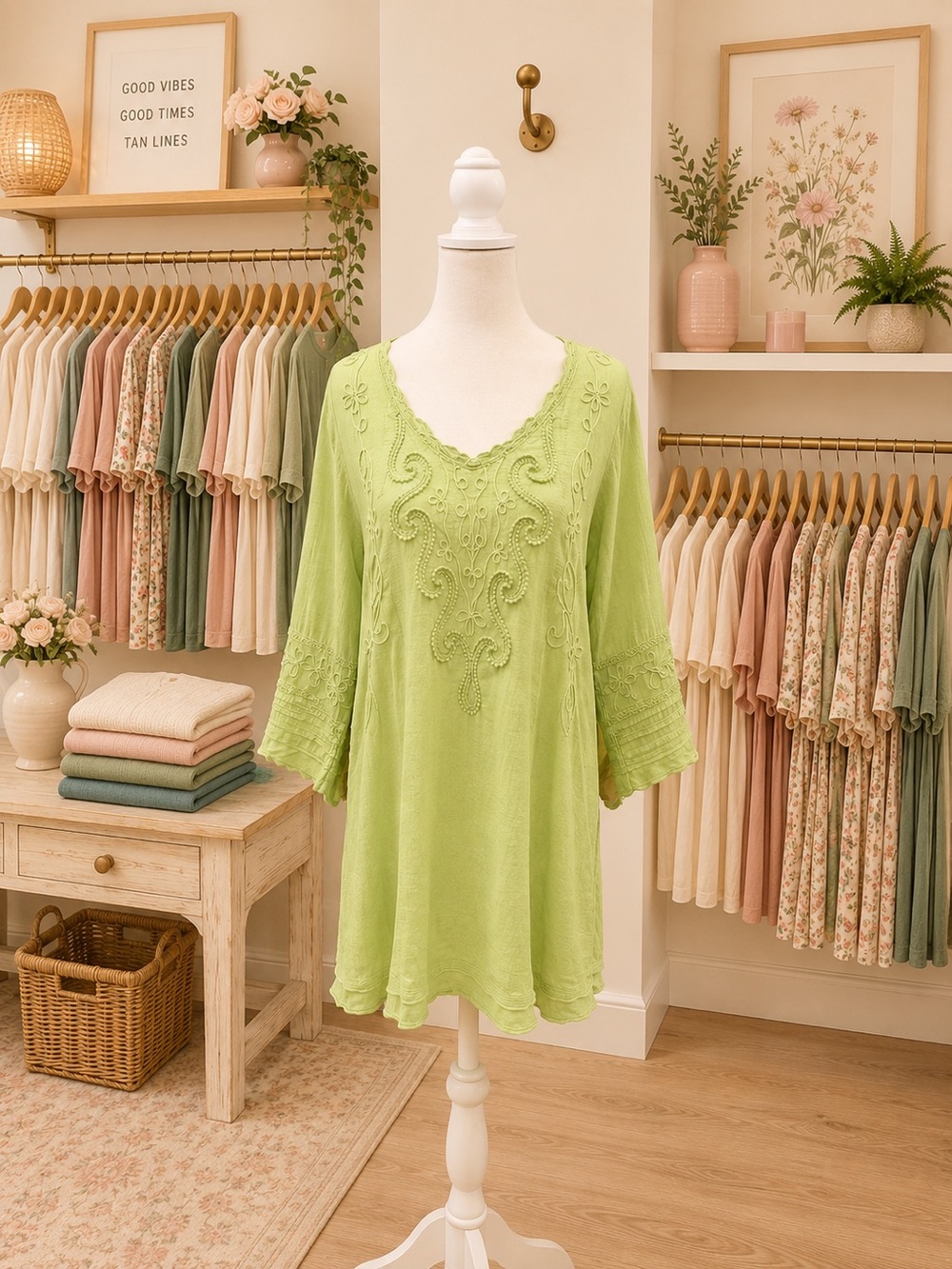 Gretty Zueger Embroidered Cotton Tunic Dress Green Lace Boho Large